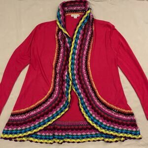 Double Zero Pink Rainbow Crochet Trim Boho Women’s Open Cardigan  Size Large